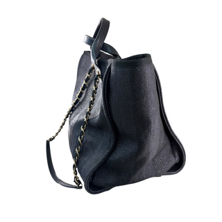 Chanel Dark Navy Raffia Medium Deauville Chain Tote Bag