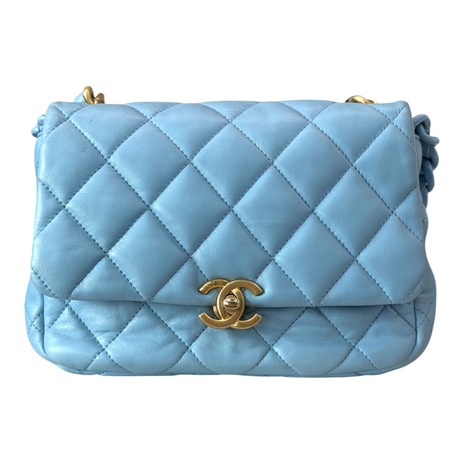 Chanel Light Blue Quilted Leather Flap Bag with Braided Chain