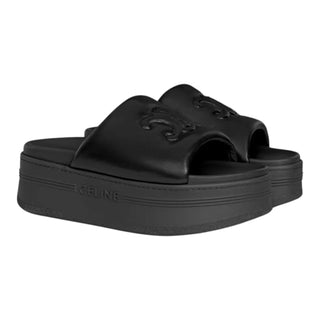 Celine Black Lambskin Block Triomphe Platform Slides