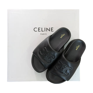 Celine Black Lambskin Block Triomphe Platform Slides