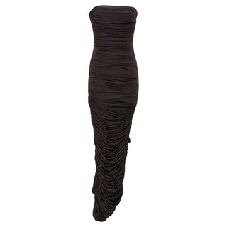 Alex Perry Chocolate Brown Ruched Strapless Maxi Dress with Opera Gloves