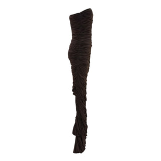 Alex Perry Chocolate Brown Ruched Strapless Maxi Dress with Opera Gloves