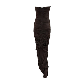 Alex Perry Chocolate Brown Ruched Strapless Maxi Dress with Opera Gloves