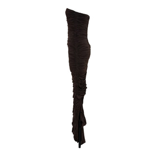 Alex Perry Chocolate Brown Ruched Strapless Maxi Dress with Opera Gloves