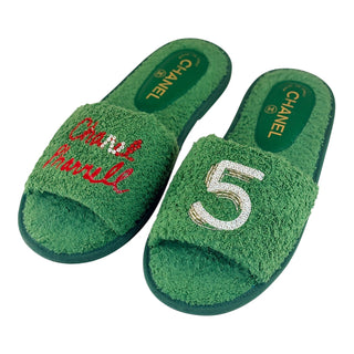 Chanel Green Terry Cloth “Chanel 5” Embellished Pool Slides