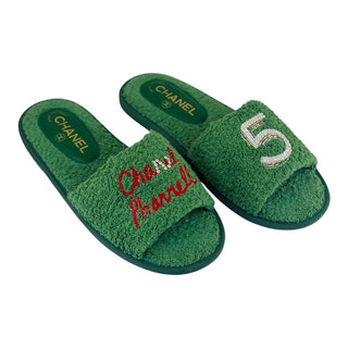 Chanel Green Terry Cloth “Chanel 5” Embellished Pool Slides