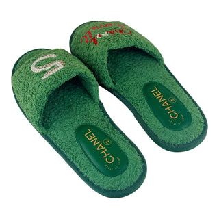 Chanel Green Terry Cloth “Chanel 5” Embellished Pool Slides