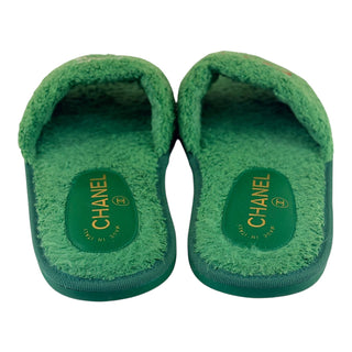 Chanel Green Terry Cloth “Chanel 5” Embellished Pool Slides