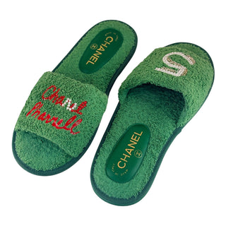 Chanel Green Terry Cloth “Chanel 5” Embellished Pool Slides