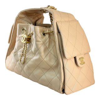 Chanel 25 Small Handbag in Beige Quilted Caviar Leather with Gold-Tone Hardware