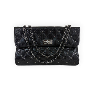 Chanel Black Studded Mademoiselle Quilted Glazed Crackled Leather Large Flap Bag
