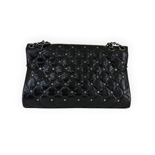 Chanel Black Studded Mademoiselle Quilted Glazed Crackled Leather Large Flap Bag