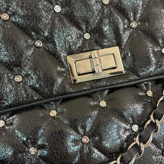 Chanel Black Studded Mademoiselle Quilted Glazed Crackled Leather Large Flap Bag