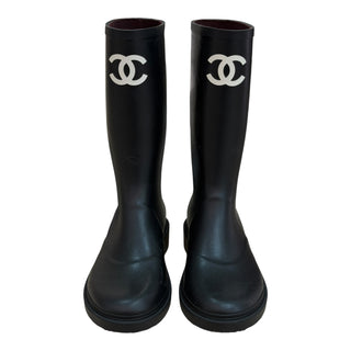 Chanel CC Logo Knee-High Rubber Boots in Black