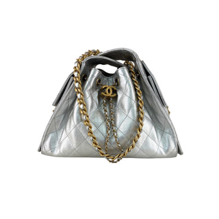 Chanel Silver Metallic Quilted Drawstring Tote Bag