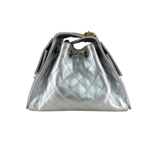 Chanel Silver Metallic Quilted Drawstring Tote Bag