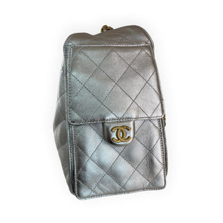 Chanel Silver Metallic Quilted Drawstring Tote Bag