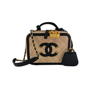 Chanel Beige & Black Quilted Caviar Leather Vanity Case Bag