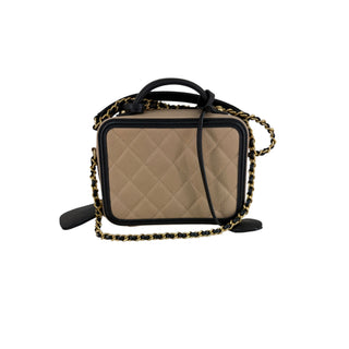 Chanel Beige & Black Quilted Caviar Leather Vanity Case Bag