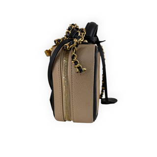 Chanel Beige & Black Quilted Caviar Leather Vanity Case Bag
