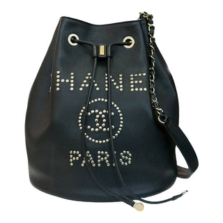 Chanel Black Studded Drawstring Bucket Bag
