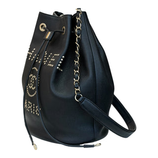 Chanel Black Studded Drawstring Bucket Bag