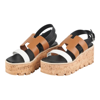 Hermès Havane 30 Cork Wedge Sandals Black Gold White Leather Size 36
