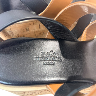 Hermès Havane 30 Cork Wedge Sandals Black Gold White Leather Size 36