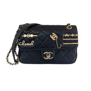 Chanel Black Lambskin Paris Embellished Flap Bag Mixed Hardware