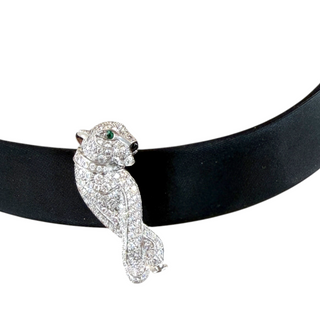 Cartier Panthère Diamond 18K White Gold Black Ribbon Choker Necklace