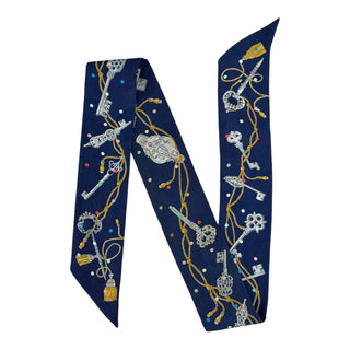 Hermès Les Clés Navy Silk Twilly Scarf