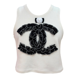 Chanel White Wool Sleeveless Ruffle CC Logo Knit Top