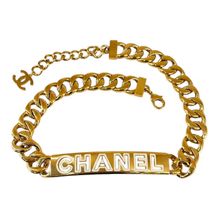 Chanel Gold Tone Logo Chain Belt with White Enamel Logo