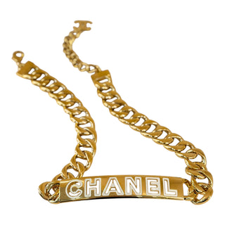 Chanel Gold Tone Logo Chain Belt with White Enamel Logo