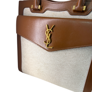 Saint Laurent Brown Leather & Canvas Uptown Tote Bag
