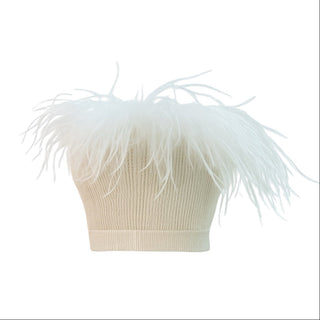 Alessandra Rich Cream Feather-Trimmed Knit Crop Top with Button Detail