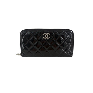 Chanel Black Patent Quilted Brilliant Zip Around Wallet