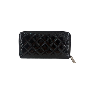 Chanel Black Patent Quilted Brilliant Zip Around Wallet