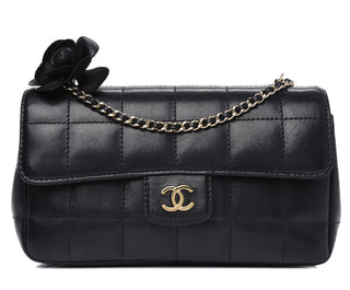 Chanel Black Lambskin Quilted Mini Chocolate Bar Camellia Flap Bag With Gold Hardware