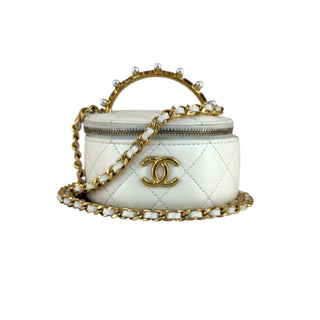 Chanel White Quilted Lambskin Vanity Case with Pearl Handle
