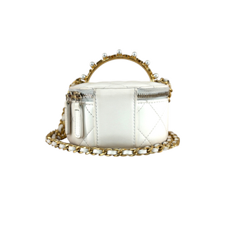 Chanel White Quilted Lambskin Vanity Case with Pearl Handle