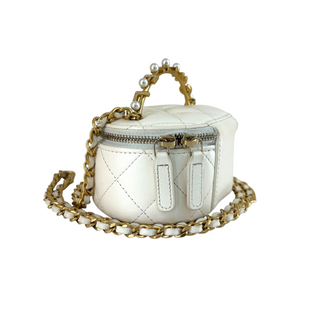 Chanel White Quilted Lambskin Vanity Case with Pearl Handle