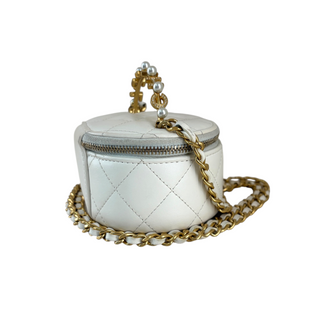 Chanel White Quilted Lambskin Vanity Case with Pearl Handle