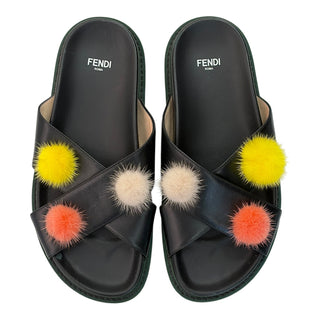 Fendi Leather Cross Strap Slides with Multicolour Mink Fur Pom Poms Black Size 37