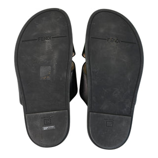 Fendi Leather Cross Strap Slides with Multicolour Mink Fur Pom Poms Black Size 37