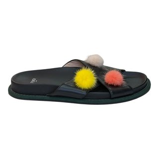 Fendi Leather Cross Strap Slides with Multicolour Mink Fur Pom Poms Black Size 37