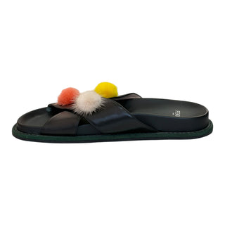 Fendi Leather Cross Strap Slides with Multicolour Mink Fur Pom Poms Black Size 37