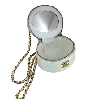Chanel White Quilted Lambskin Vanity Case with Pearl Handle