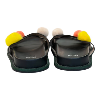 Fendi Leather Cross Strap Slides with Multicolour Mink Fur Pom Poms Black Size 37