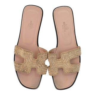 Hermès Oran H Sandals Beige Woven Fabric Slides Size 37